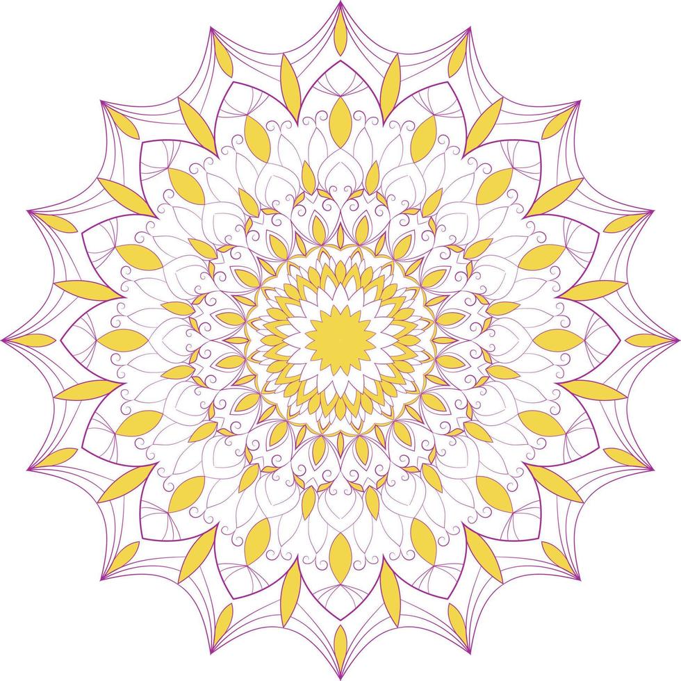 Flickering vector coloring mandala ornamental design. Yellow and purple. Circle and symmetric