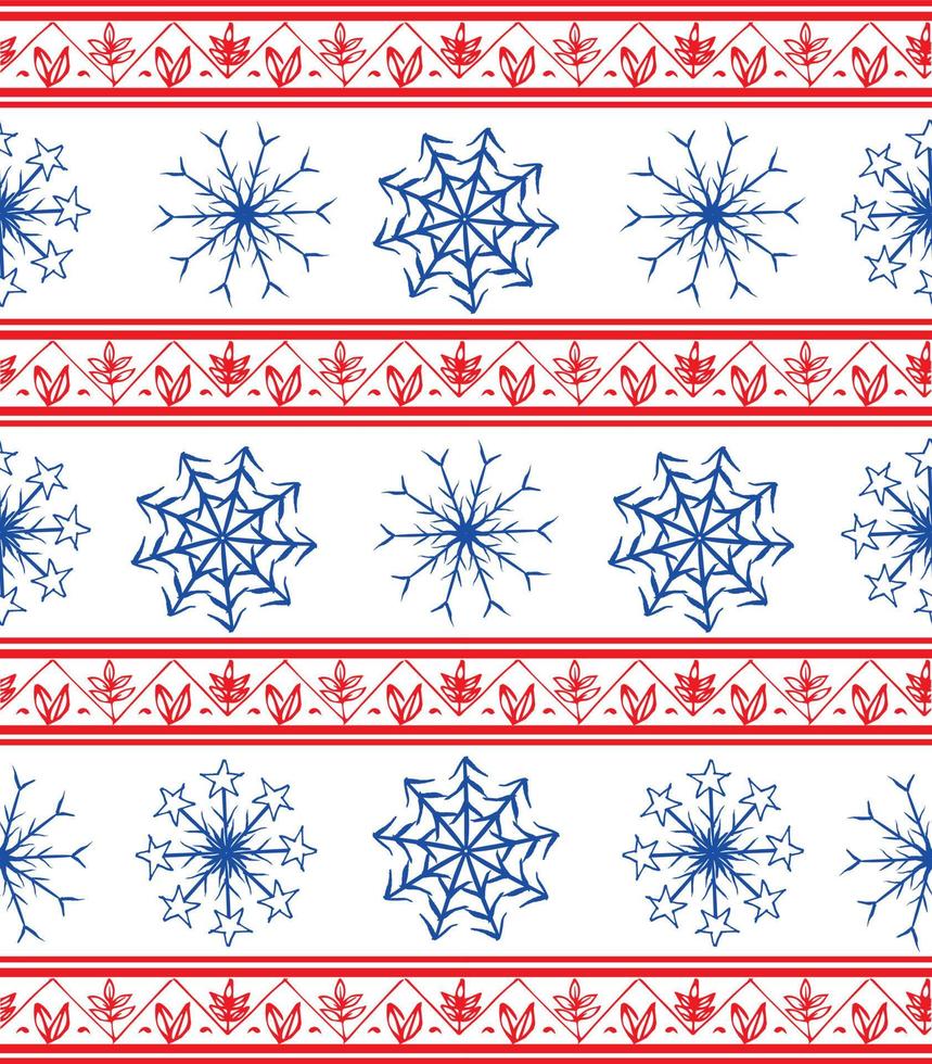 Seamless vector pattern in ethnic style with red borders and blue snowflakes. Winter geometric seamless pattern. Design for wrapping paper or clothes texture. Vector illustration.