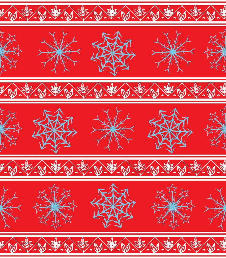 Seamless vector pattern in ethnic style with white borders and blue snowflakes on a red background. Winter geometric seamless pattern. Design for wrapping paper or clothes texture. Vector illustration