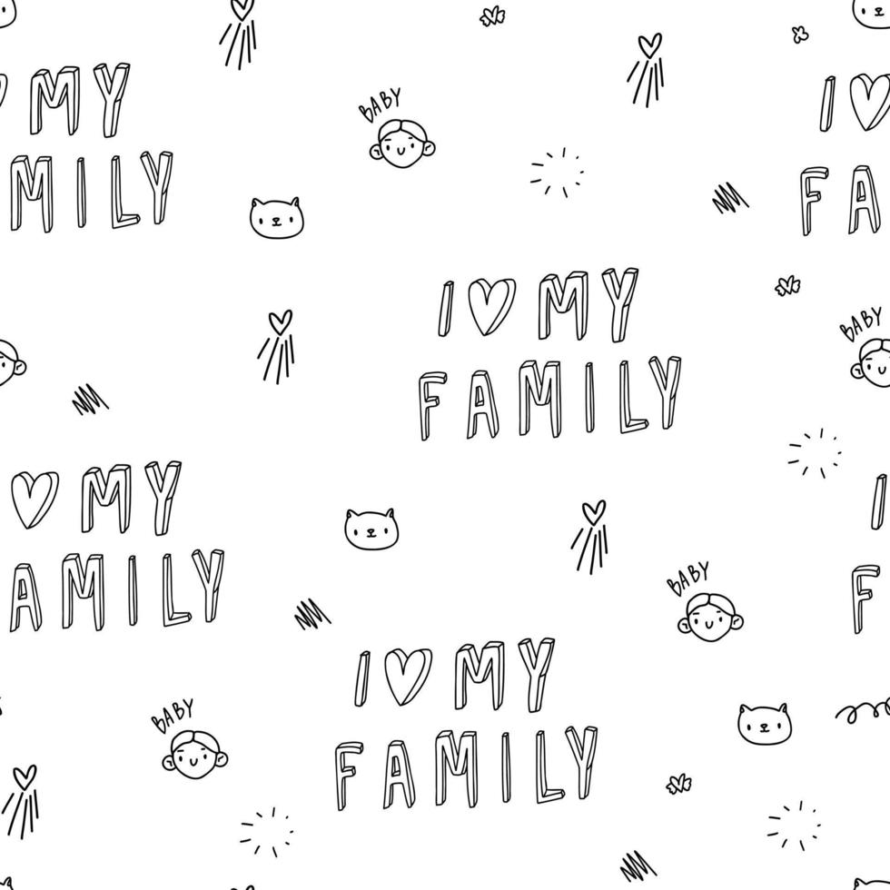lindo patrón blanco con gato, mamá, papá, familia, texto. amor de fondo sin fisuras. textiles para niños, álbum de recortes de papel digital. vector