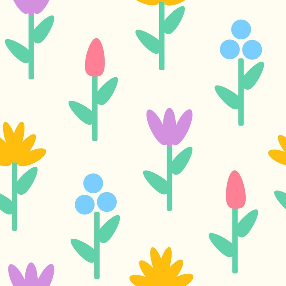 Vector seamless pattern with colorful flowers in flat style.