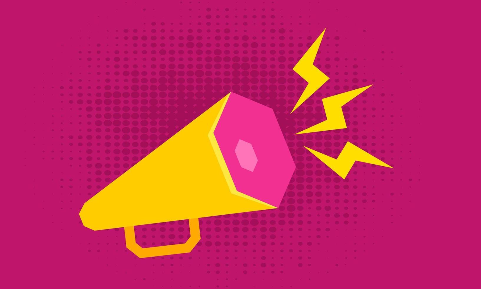 Vector icon of yellow megaphone on pink background.