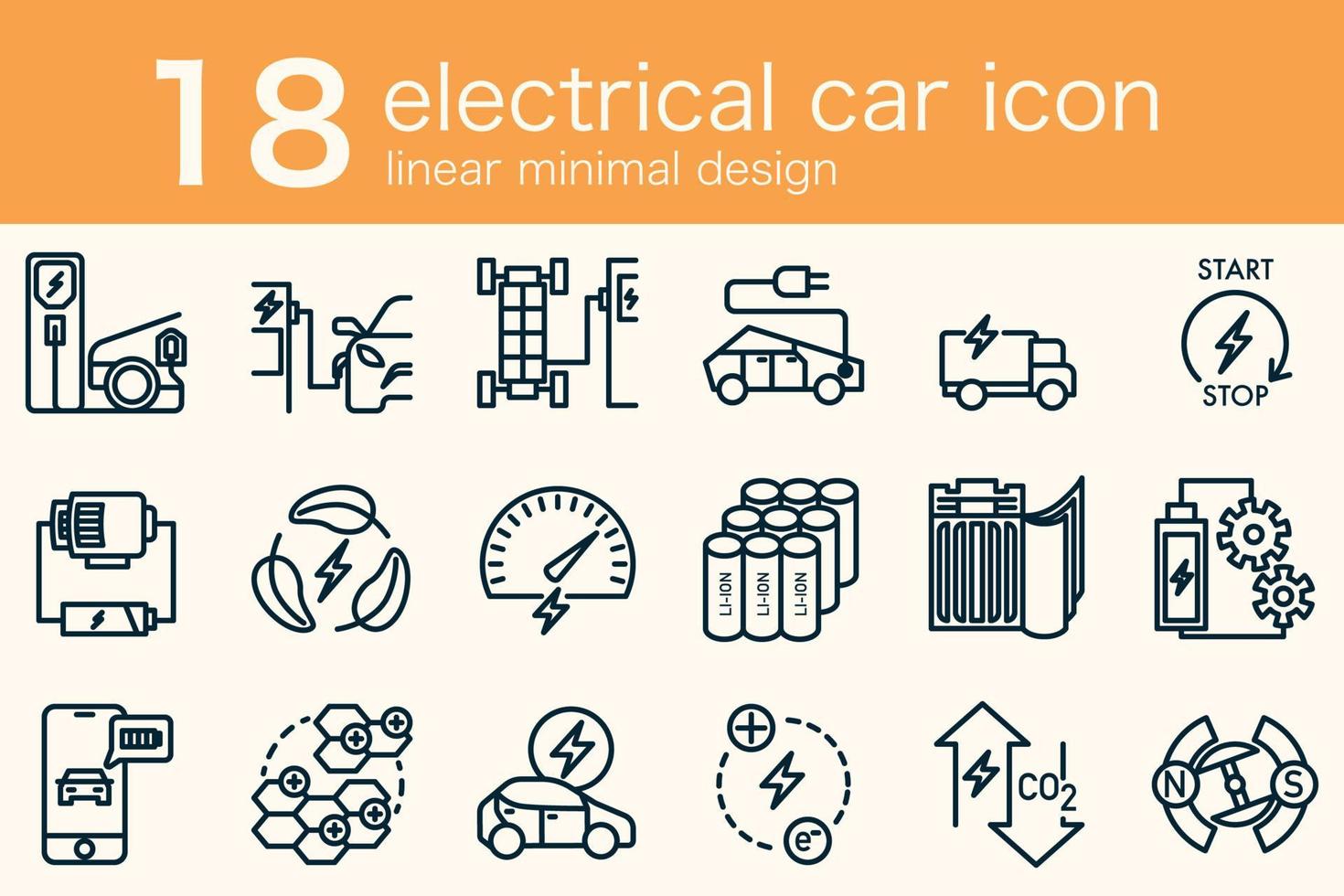 set of electrical ev car minimal linear design vector