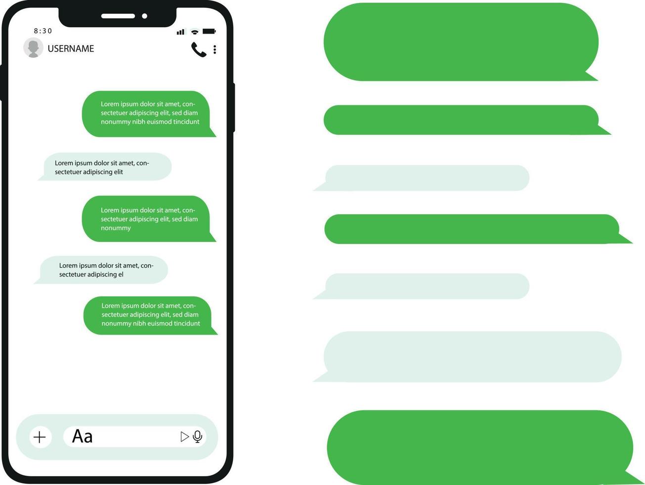 Smart phones chatting sms template bubbles. Chat templates, message, phone and speech bubbles blue colour in flat style. Social media design concept. Vector illustration