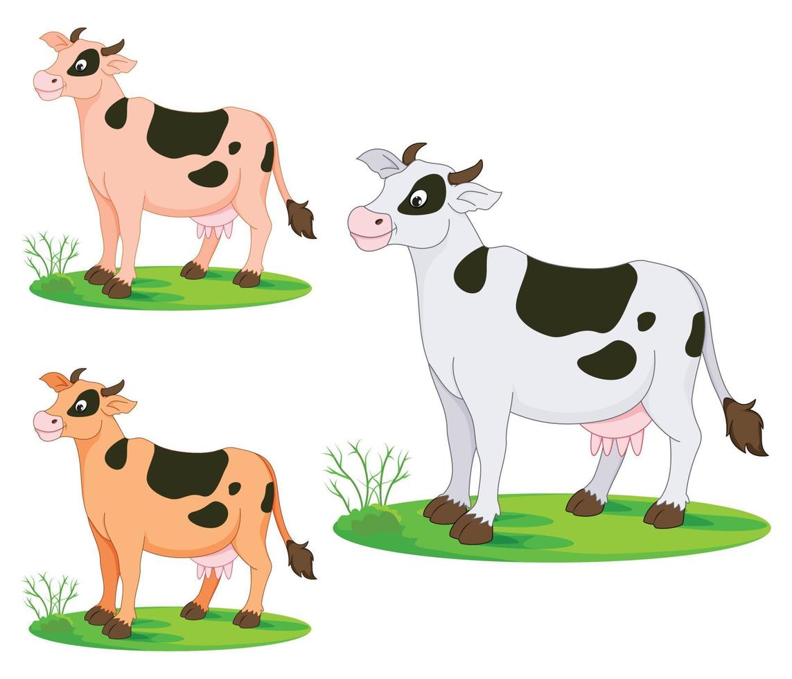 conjunto de dibujos animados de vaca sonriente en diferentes colores con contorno en vivo vector