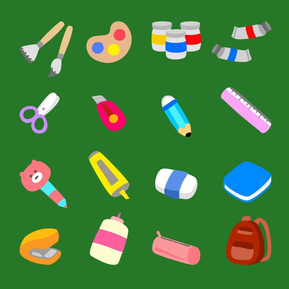Bundle of various school supplies vector set for the Back-to-school season.
