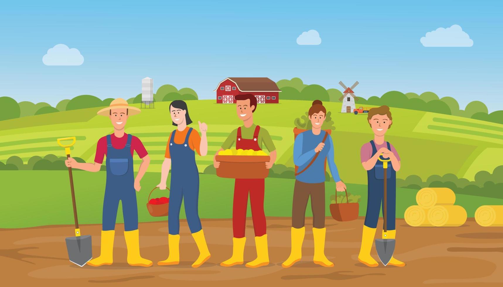 farmer people character team man and woman with farm land landscape background with modern flat style vector