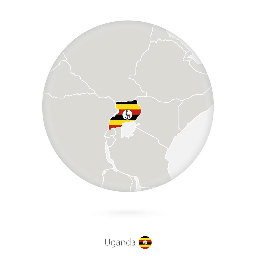 mapa de uganda y bandera nacional en un círculo. vector