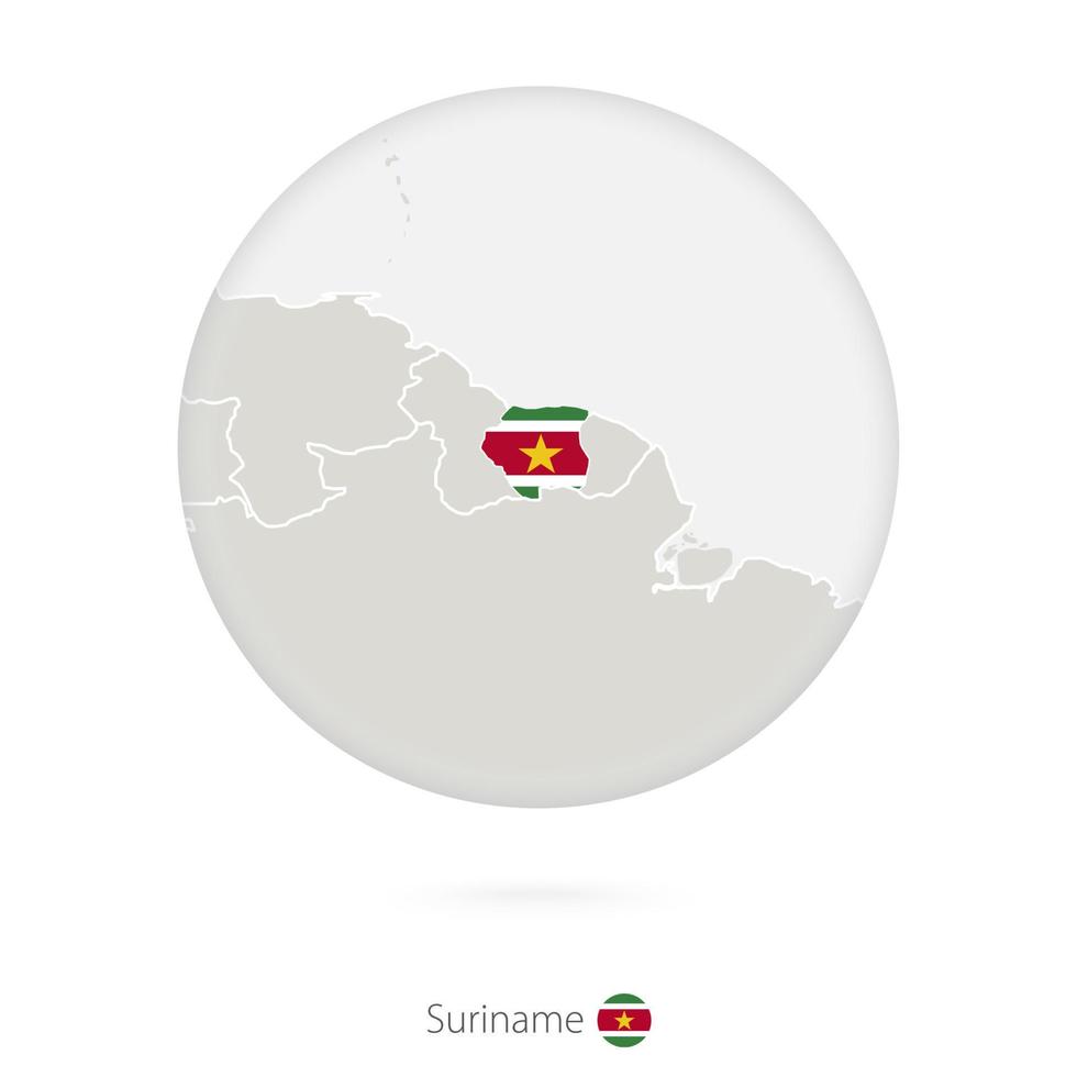 mapa de surinam y bandera nacional en un círculo. vector