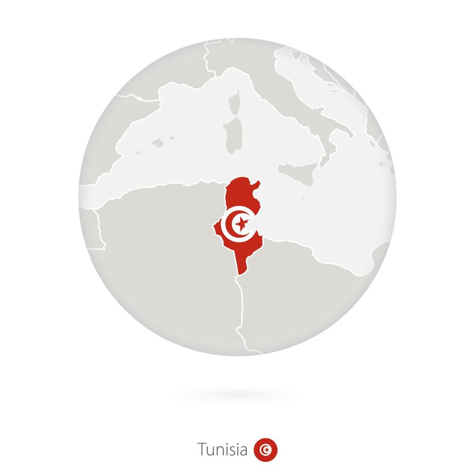 mapa de túnez y bandera nacional en un círculo. vector