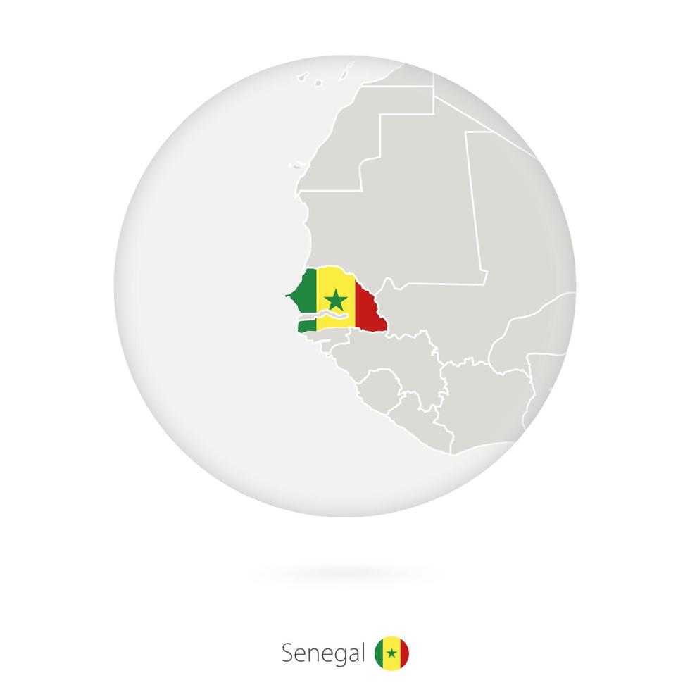 mapa de senegal y bandera nacional en un círculo. vector