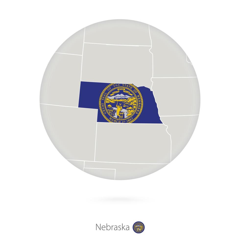 mapa del estado de nebraska y bandera en un círculo. vector