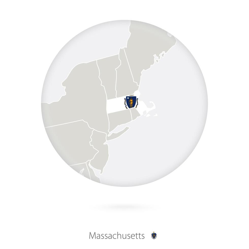Map of Massachusetts State and flag in a circle. vector
