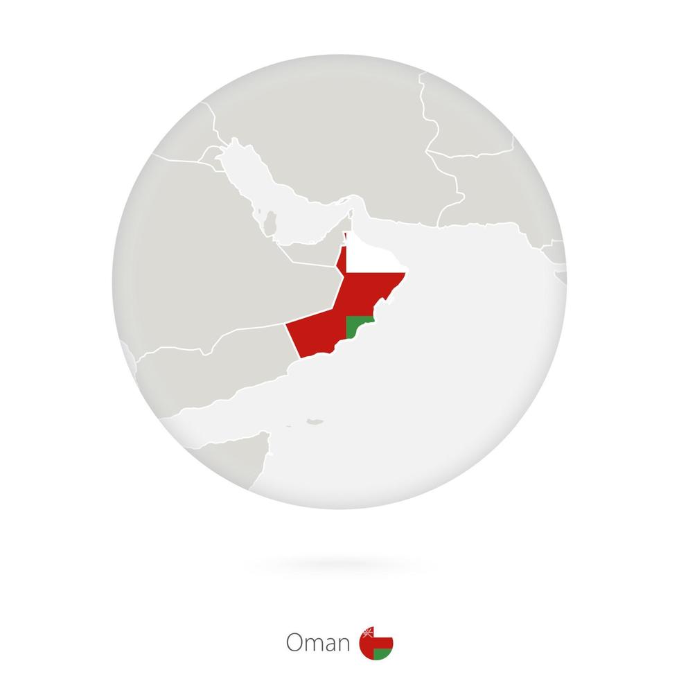 mapa de omán y bandera nacional en un círculo. vector