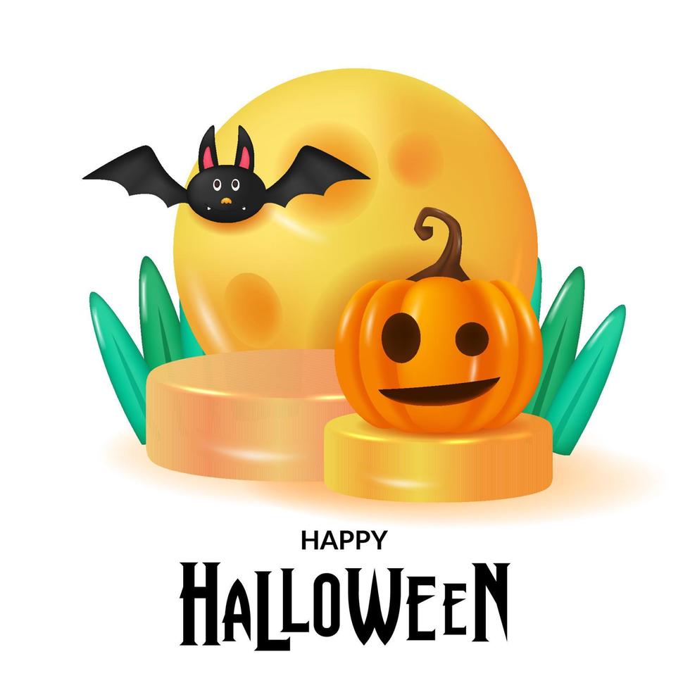 Happy halloween greeting card with illustration of 3d cute character pumpkin jack o lantern, moon, skull, and bat vector