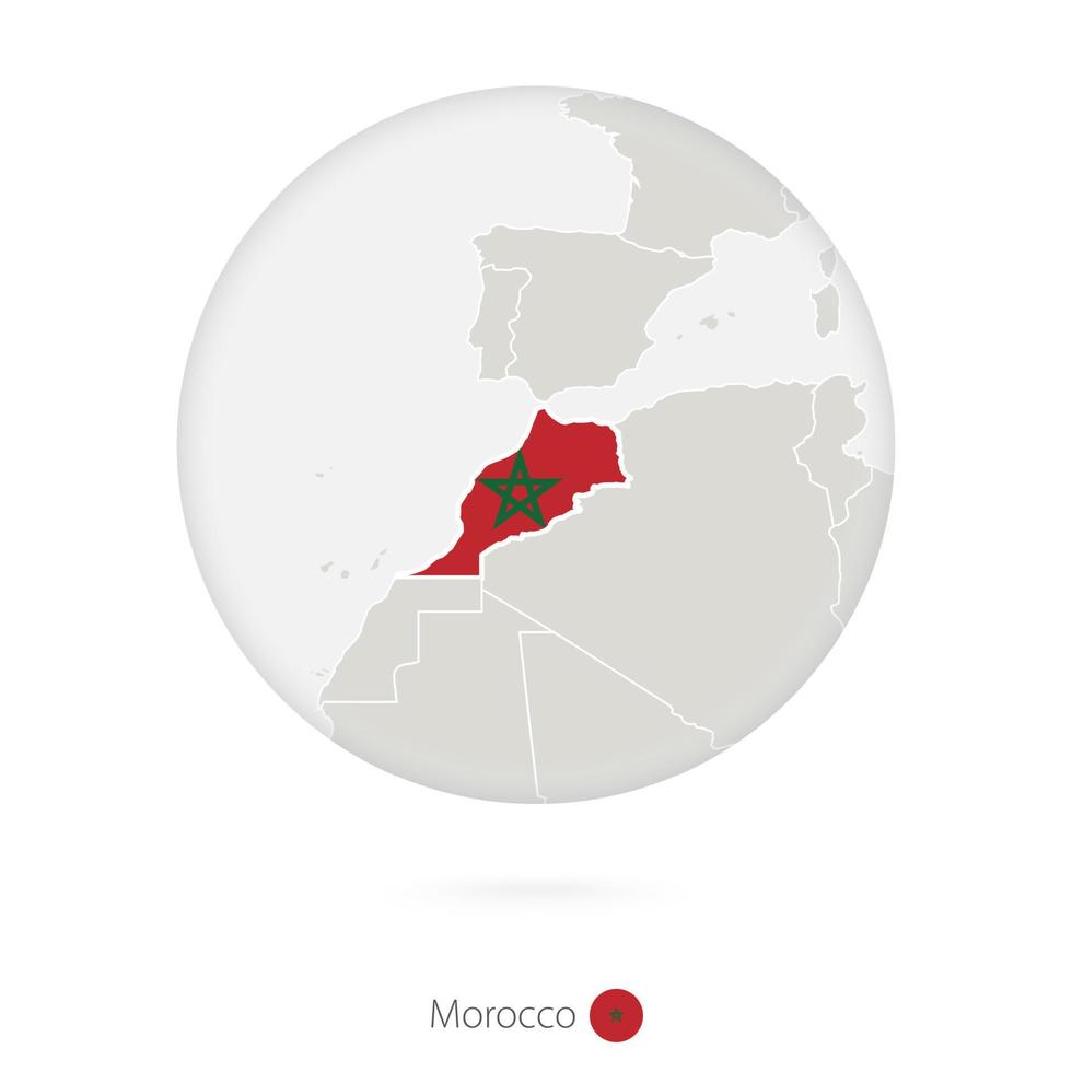 mapa de marruecos y bandera nacional en un círculo. vector