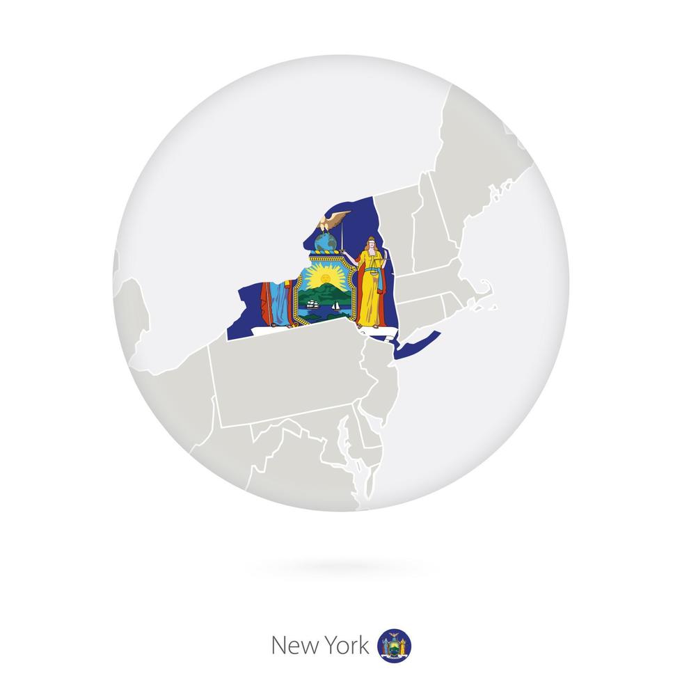 Map of New York State and flag in a circle. vector