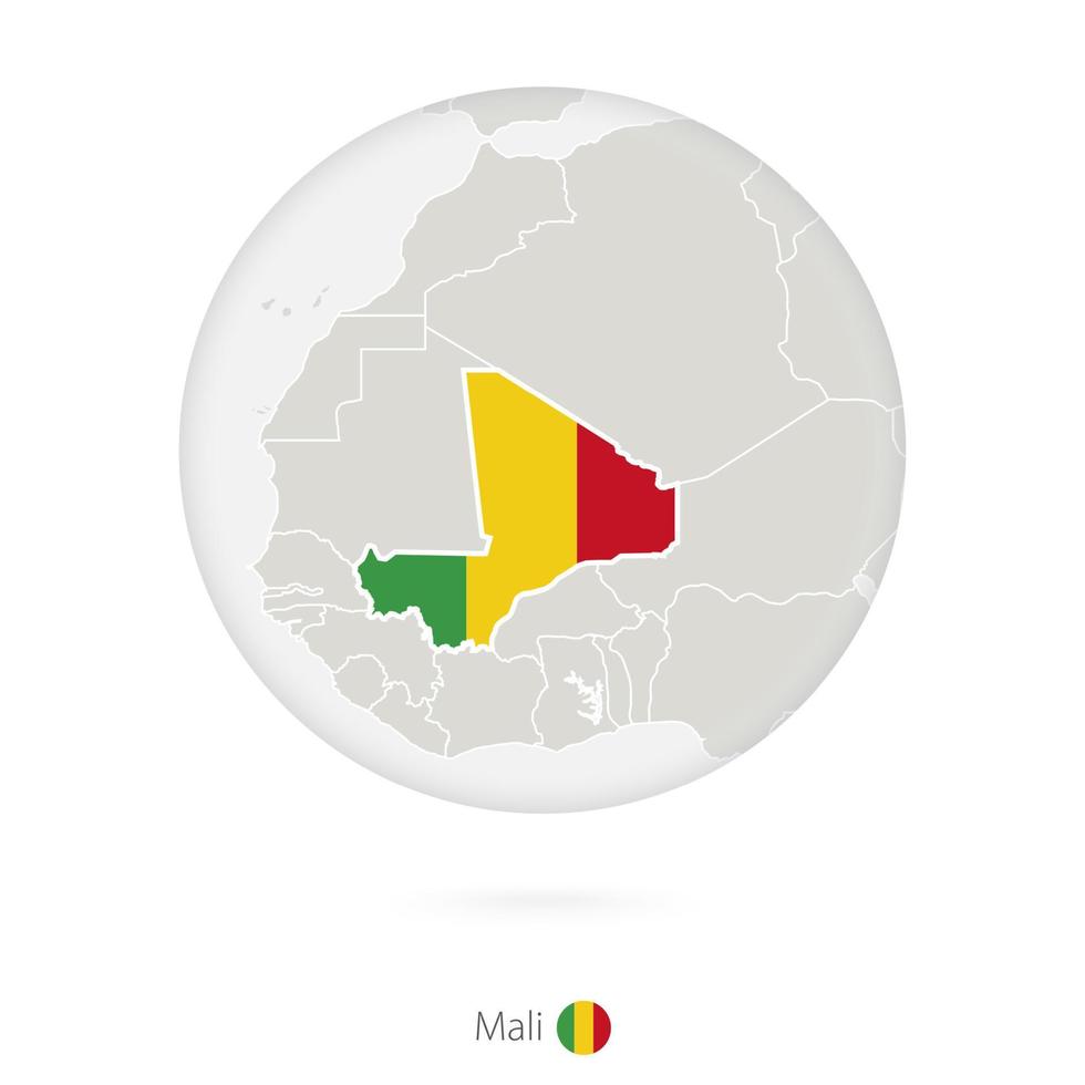 mapa de Malí y bandera nacional en un círculo. vector