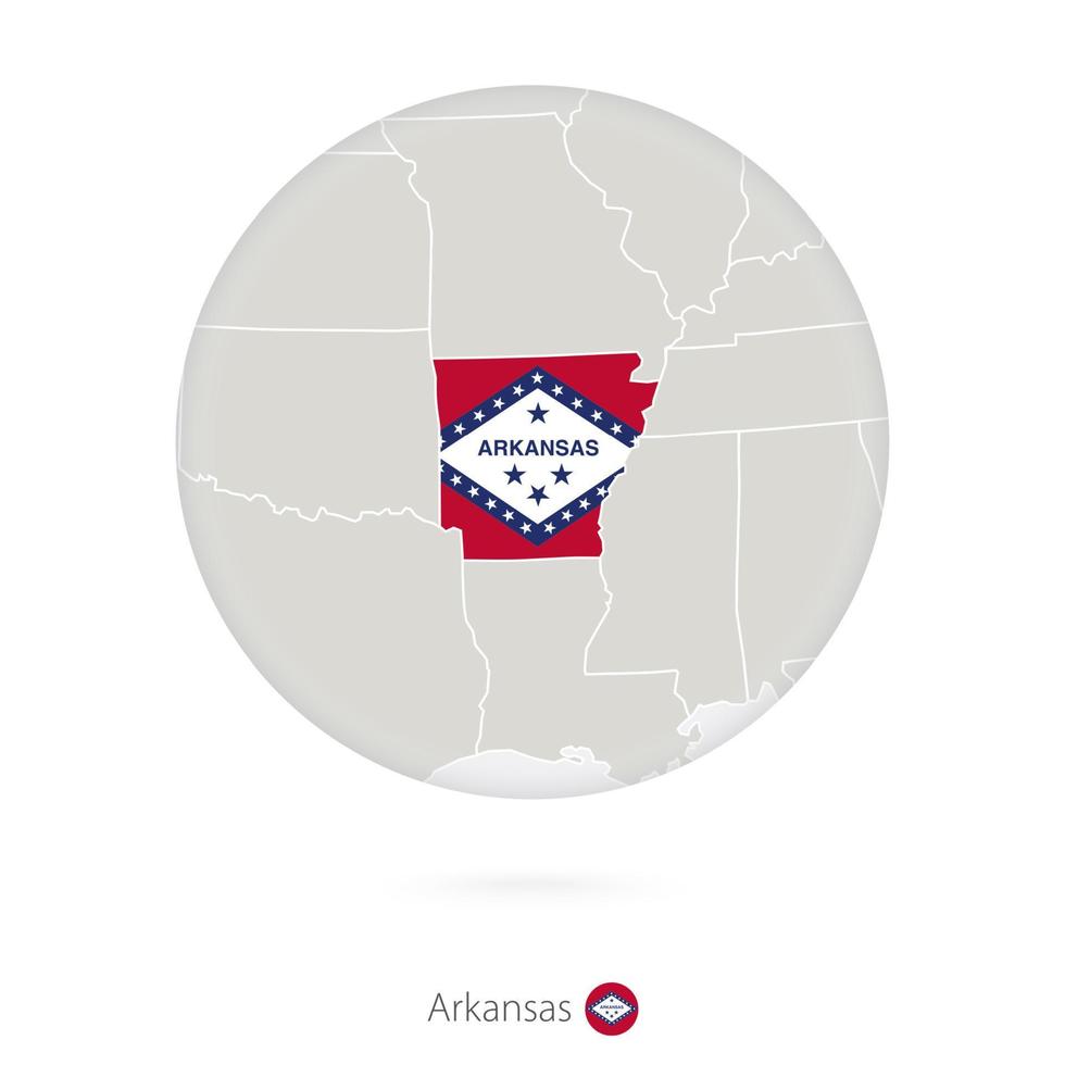 mapa del estado de arkansas y bandera en un círculo. vector