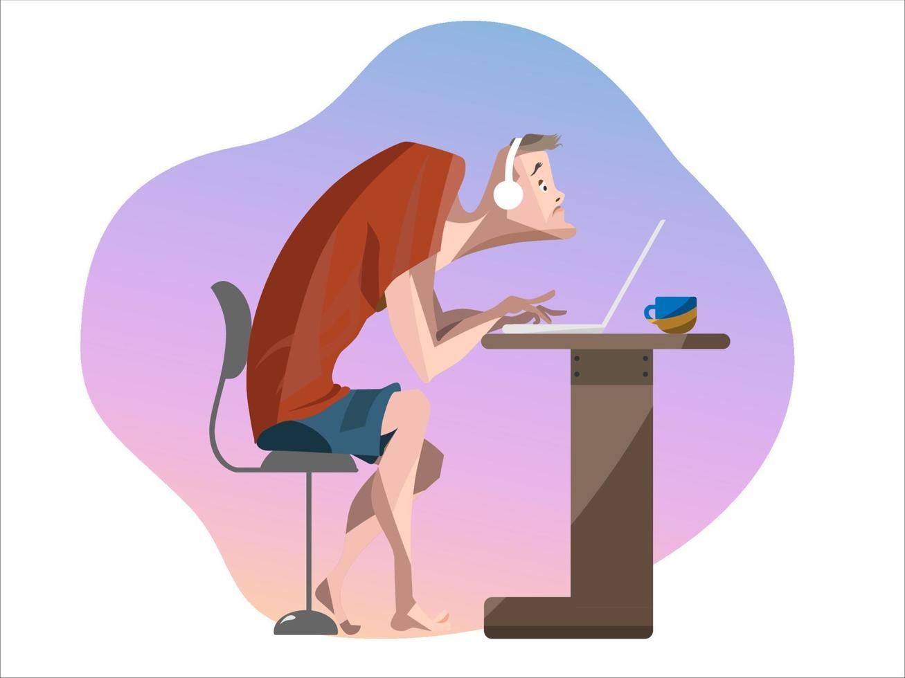 Male student study online at his notebook. Vector illustration