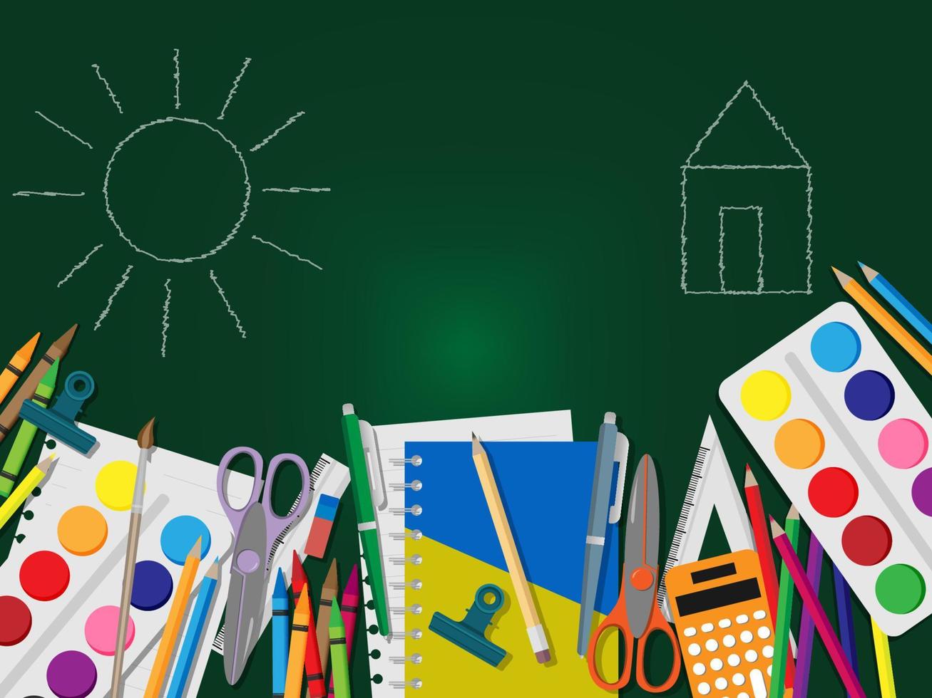 School supplies on a wooden green desk . Vector illustration