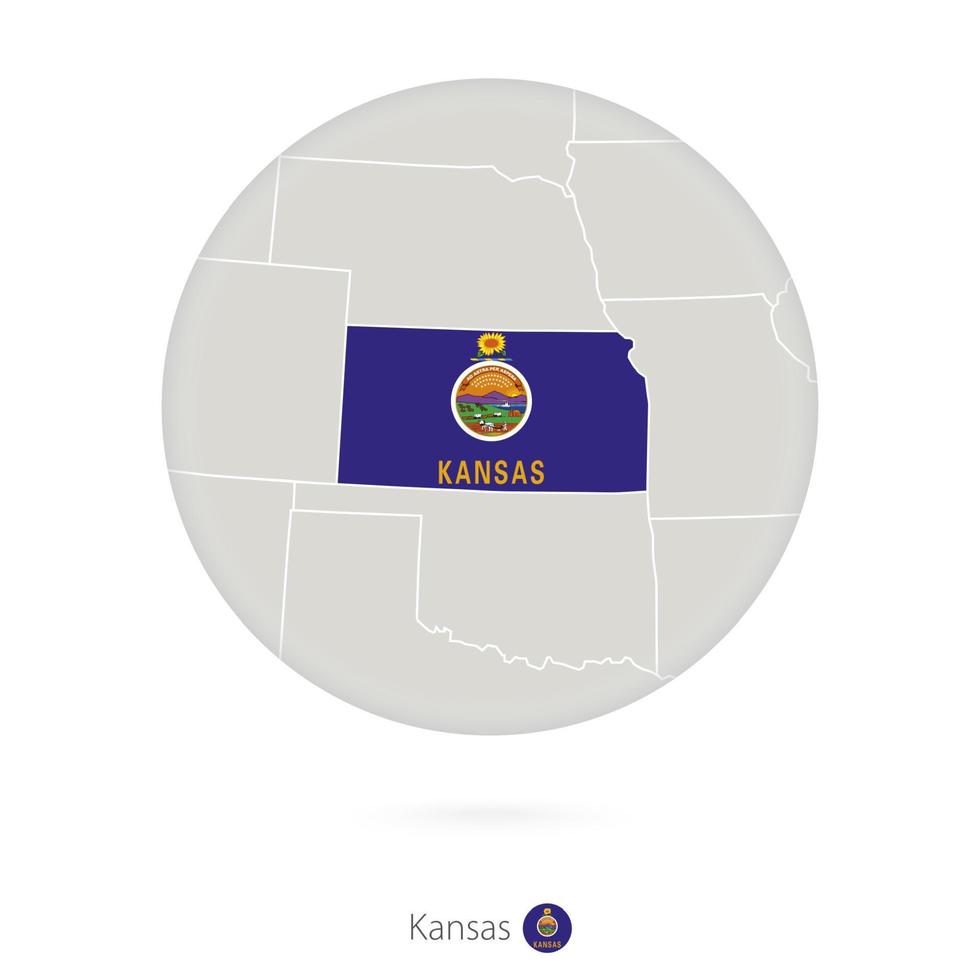 Map of Kansas State and flag in a circle. vector