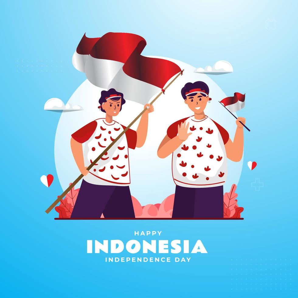 Flat design two youths celebrate Indonesian independence vector