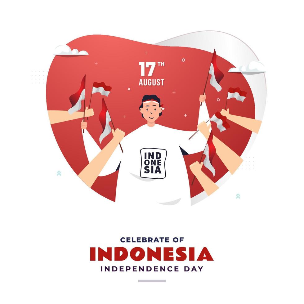 diseño plano que agita la bandera de Indonesia para los saludos del día nacional vector