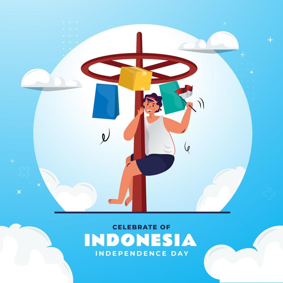 Areca climbing or panjat pinang tradition to celebrate Indonesian Independence Day vector