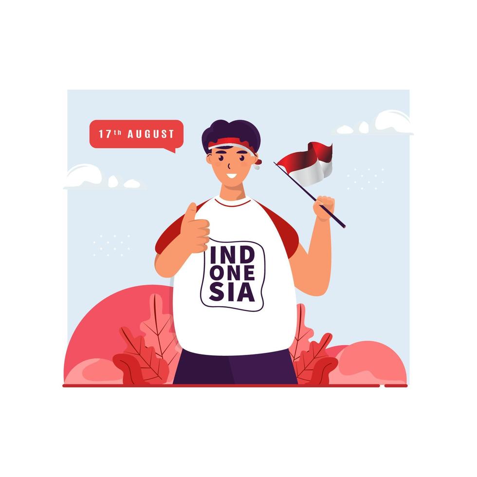 diseño plano un hombre que agita la bandera de indonesia vector