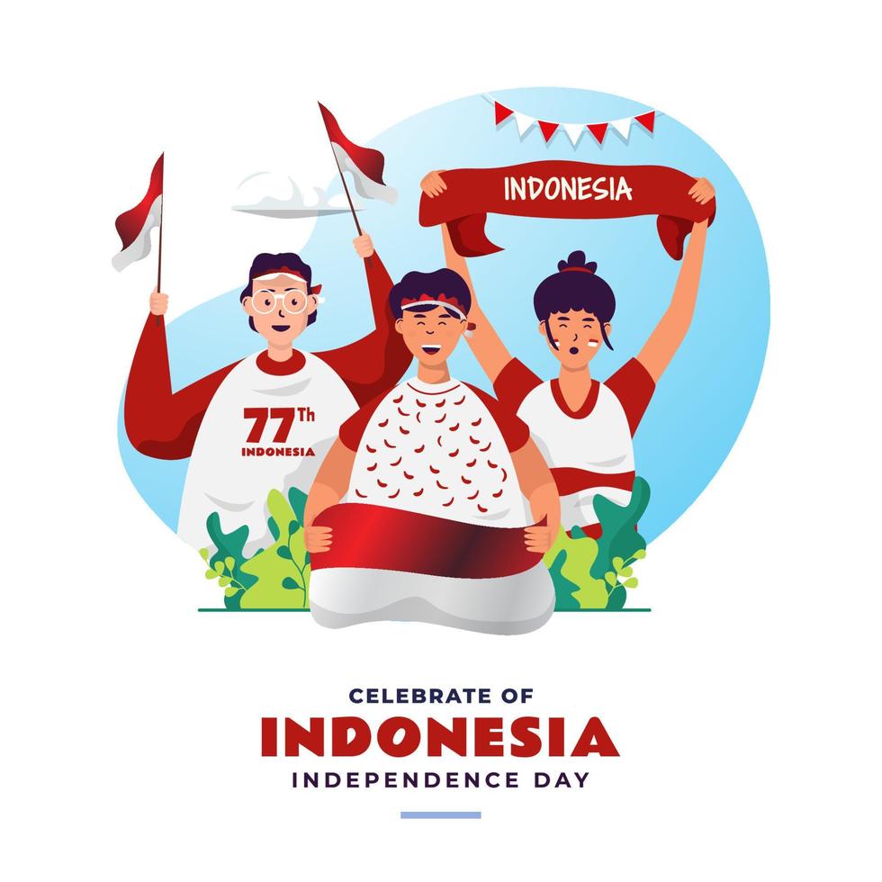 ilustración grupo de personas celebrando la independencia de indonesia vector