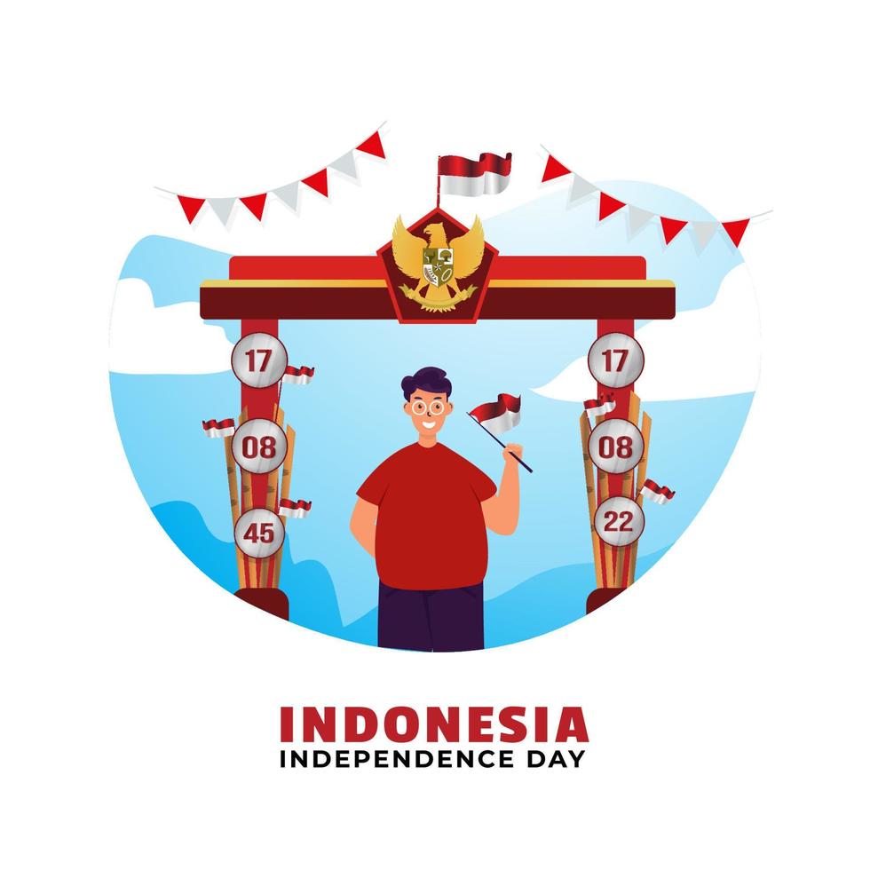 Flat design a man waving red and white flag with gate background vector