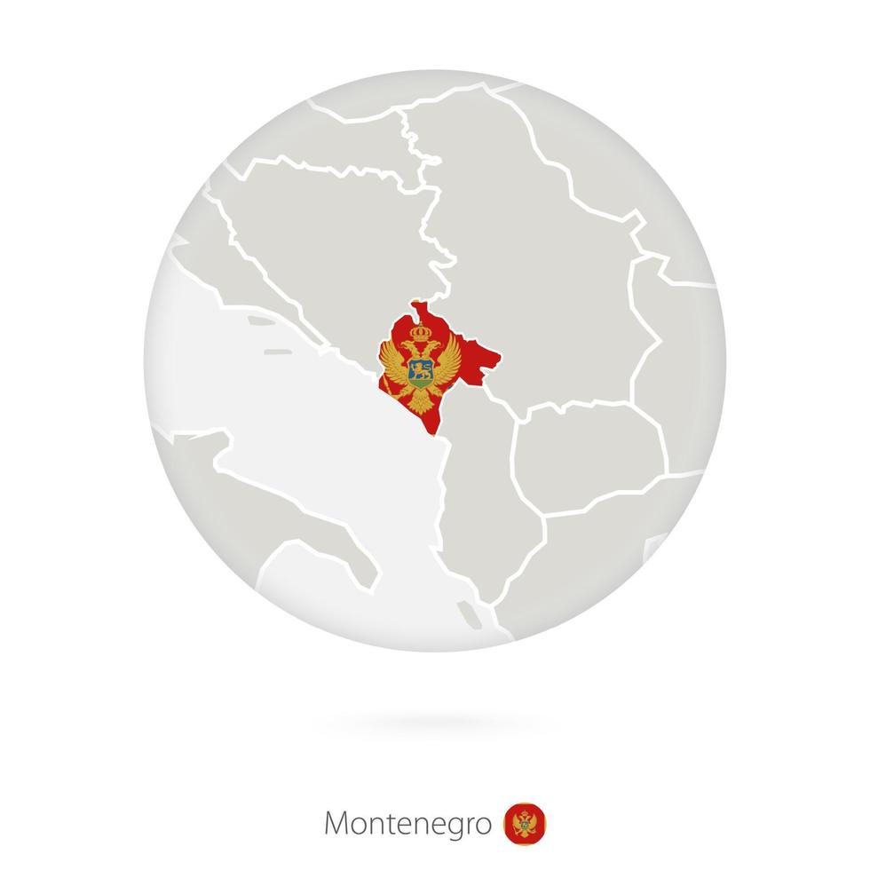 mapa de montenegro y bandera nacional en un círculo. vector