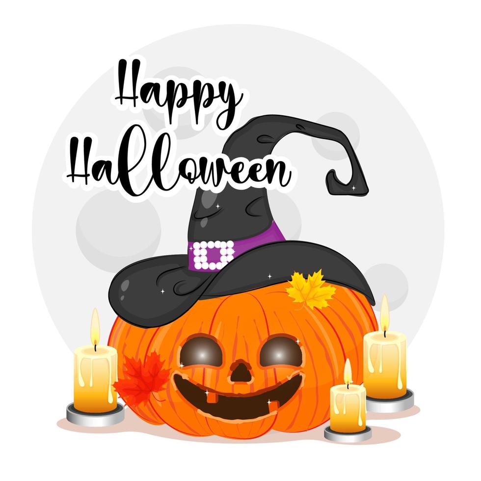 feliz halloween, calabaza con cara tallada sonriendo contra la luna, ilustración vectorial vector