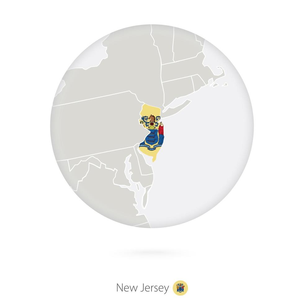 Map of New Jersey State and flag in a circle. vector