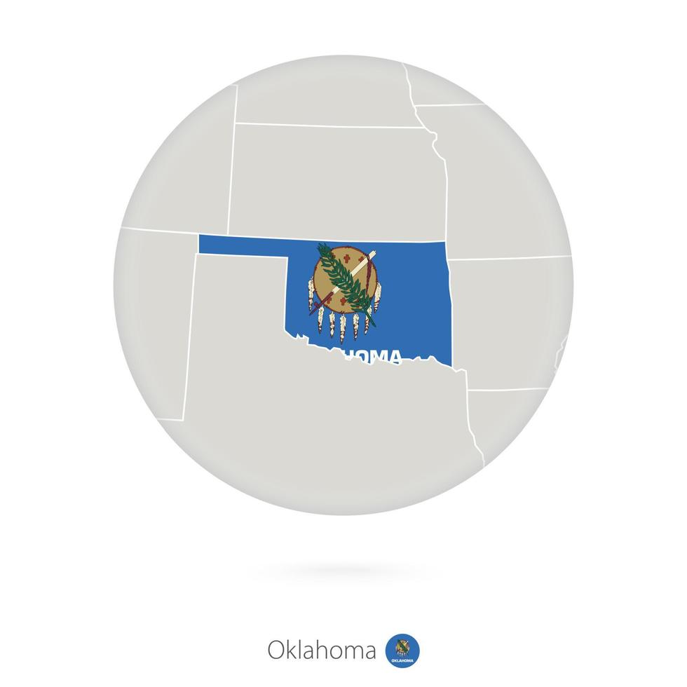 mapa del estado de oklahoma y bandera en un círculo. vector