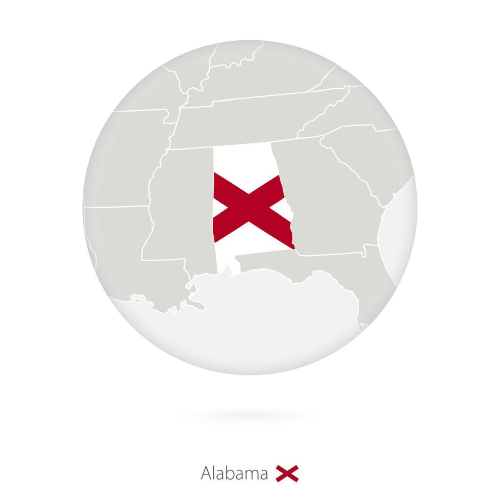Map of Alabama State and flag in a circle. vector