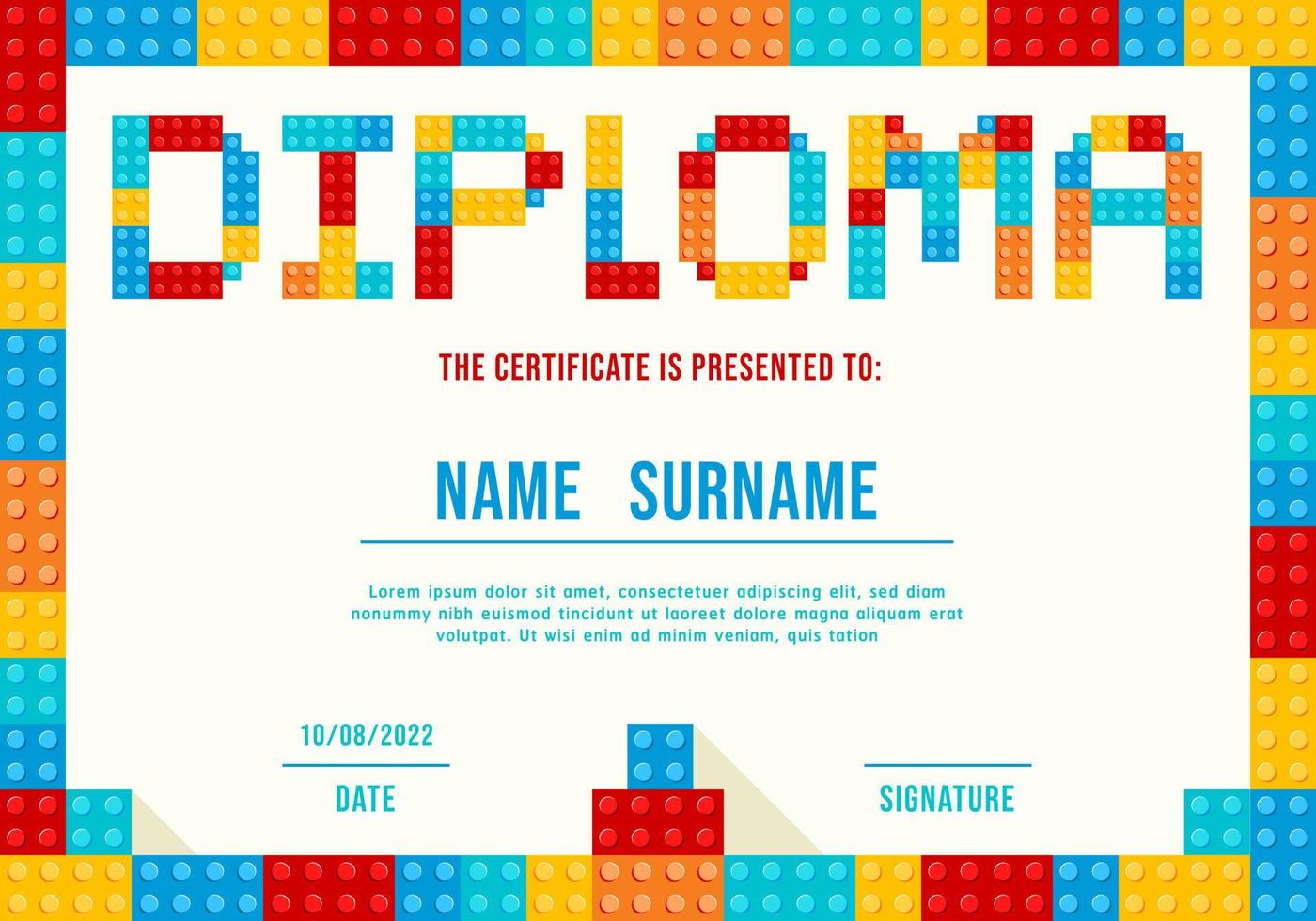 Certificate kids diploma, kindergarten template layout toy block vector. vector