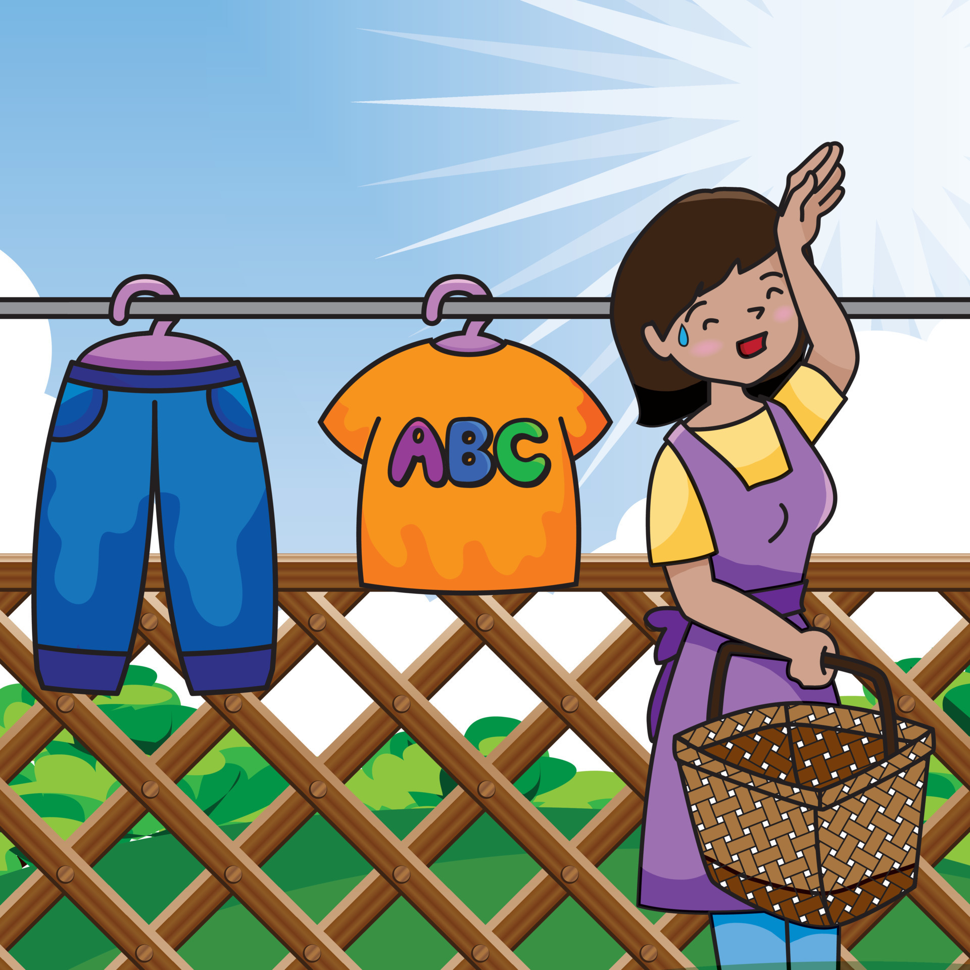 mother-hang-the-laundry-outside-in-summer-9679279-vector-art-at-vecteezy