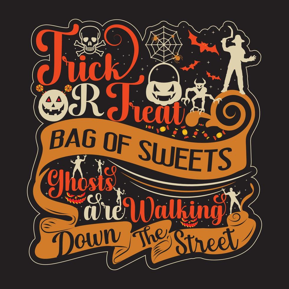 diseño de camiseta de feliz halloween con elementos de halloween o diseño de tipografía de halloween dibujado a mano vector