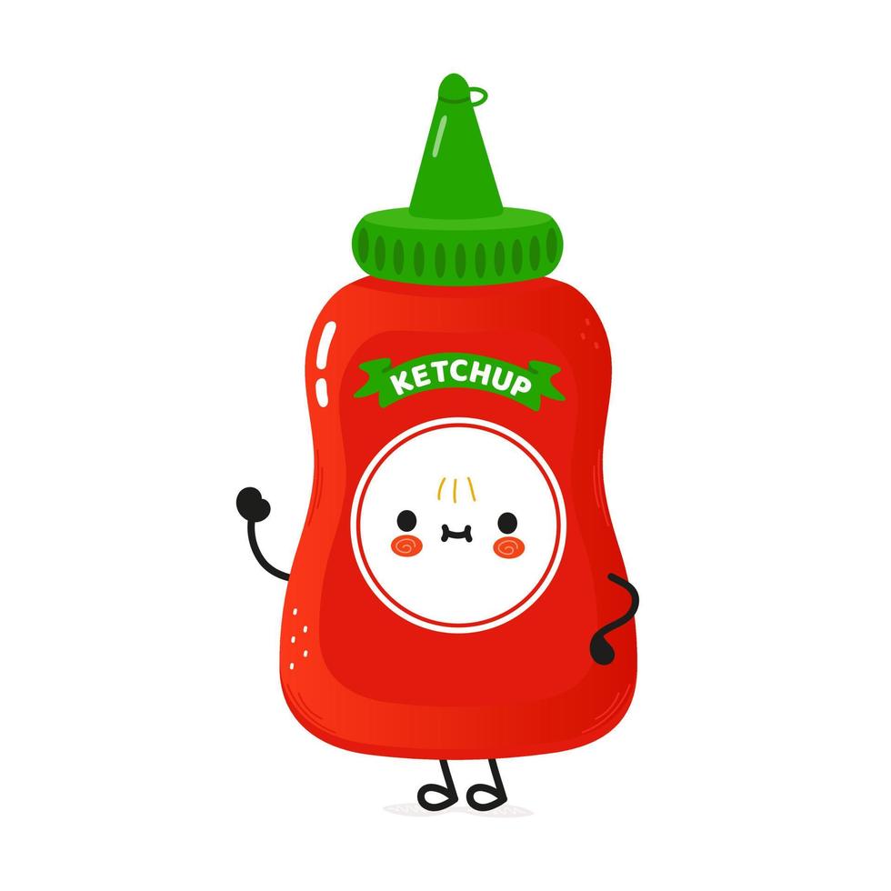 Cute funny ketchup waving hand character. Vector hand drawn cartoon kawaii character illustration icon. Isolated on white background. Ketchup character concept