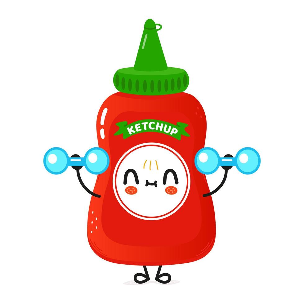 lindo personaje de ketchup divertido con pesas. icono de ilustración de personaje kawaii de dibujos animados dibujados a mano vectorial. aislado sobre fondo blanco. concepto de gimnasio de personajes de ketchup vector