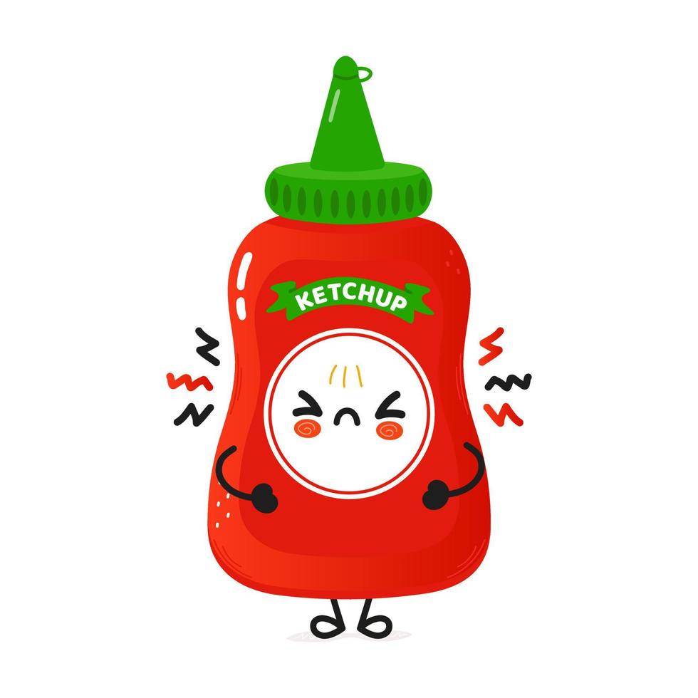 Cute angry ketchup character. Vector hand drawn cartoon kawaii character illustration icon. Isolated on white background. Sad ketchup character concept