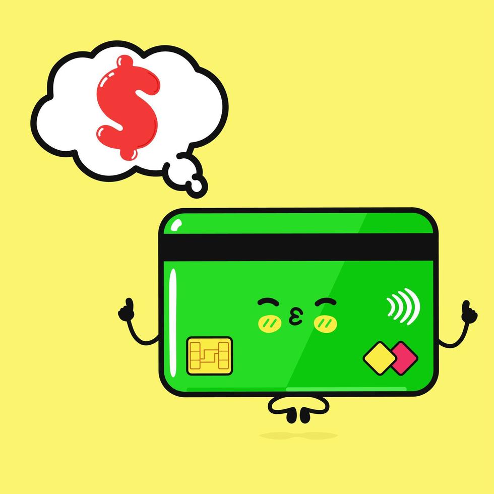 Cute funny credit card doing yoga with speech bubble dollar. Vector hand drawn cartoon kawaii character illustration icon. Isolated on blue background. Credit card in love character concept