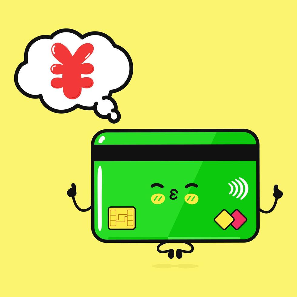 Cute funny credit card doing yoga with speech bubble yen. Vector hand drawn cartoon kawaii character illustration icon. Isolated on yellow background. Credit card yen character concept