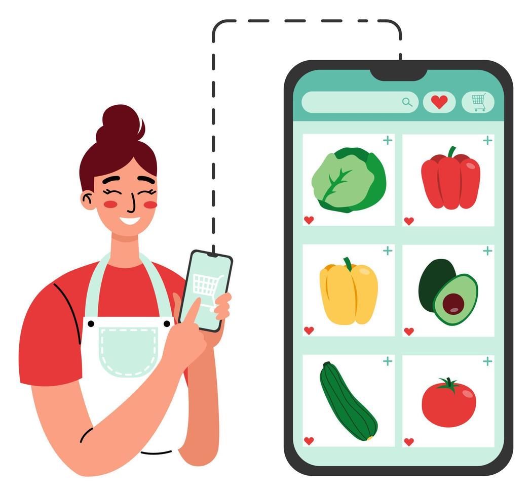 Online farm vegetables order. Woman using app and shopping online with phone. Buying at home. Flat vector illustration on a white background.