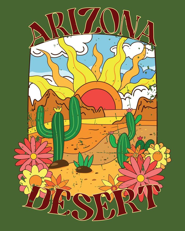 Arizona Desert Vector Print Design for T Shirt and Others. Retro Vintage Art with Arizona Desert and Cacti. Arizona Desert Retro Vibes Print