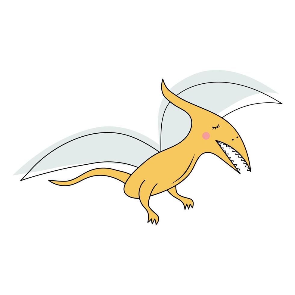lindo dinosaurio volador pterodáctilo. personaje prehistórico en estilo garabato. vector