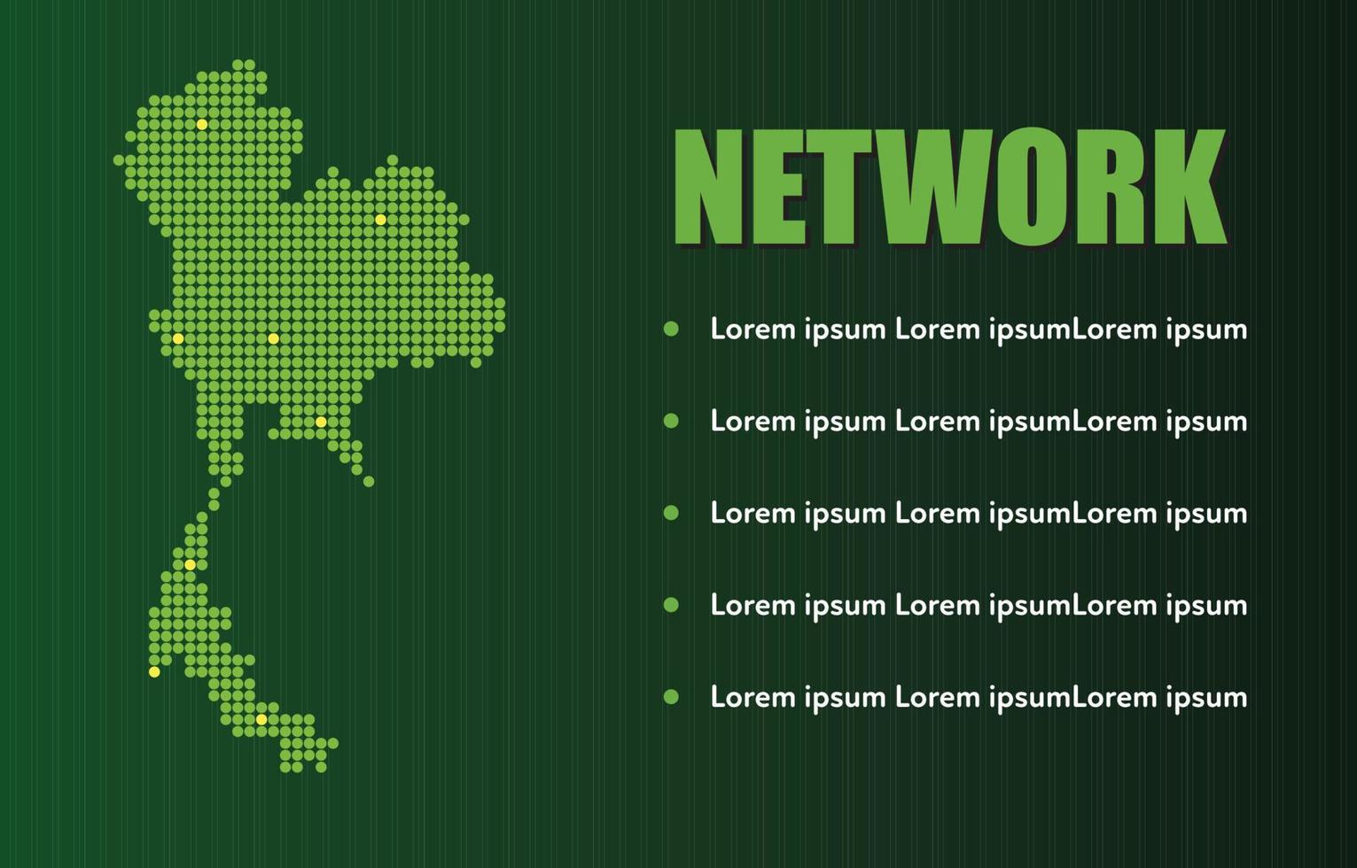 Useful infographic template.  Green Map of Thailand. Abstract Map of the Thailand in the Point. Communication network concept 5G, IoT Internet of Things Telecommunication. Vector illustration.