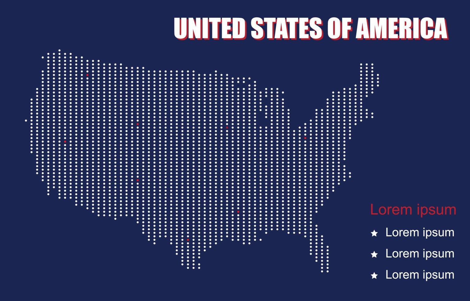 plantilla infográfica útil. mapa punteado de píxeles de los estados unidos de américa en el tema de color de la bandera de estados unidos. concepto de red de comunicación 5g, iot internet de las cosas telecomunicaciones. ilustración vectorial vector